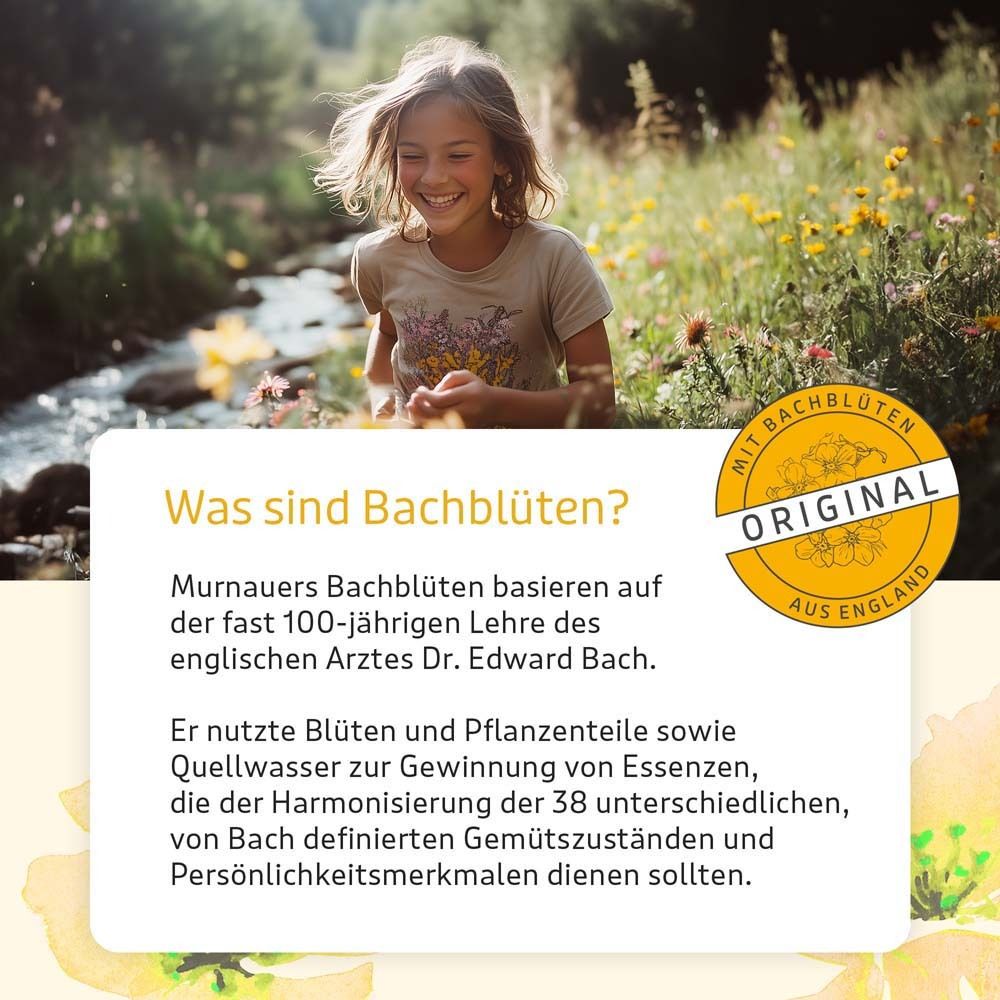 Mädchen lächelt in der Natur. Text: 'Was sind Bachblüten?' und Produktlogo.