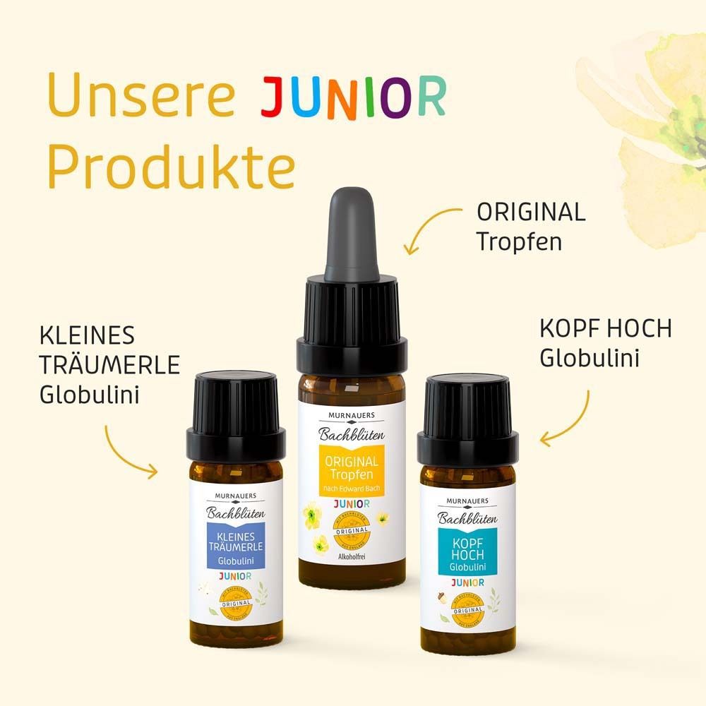 Drei Flaschen: Original Tropfen, Kleines Träumerle Globulini, Kopf Hoch Globulini.