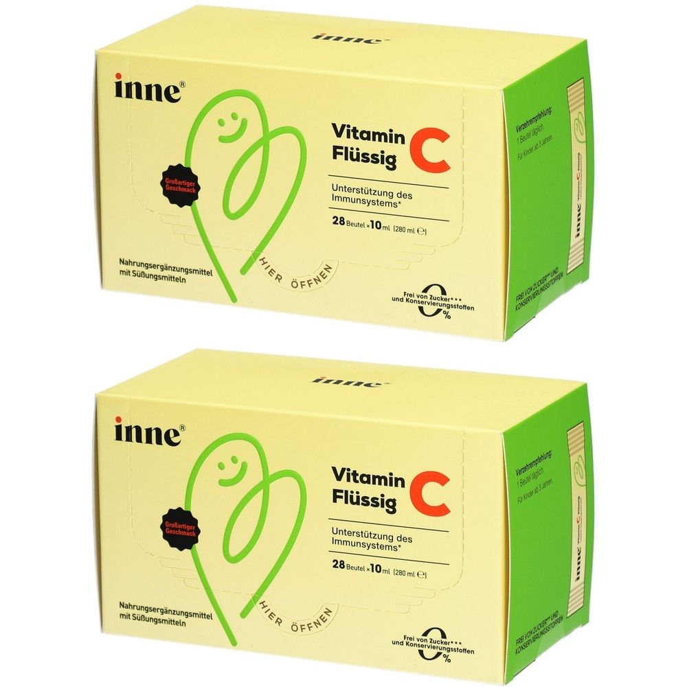 Zwei Kartons inne® Vitamin C Flüssig. Gelbe Verpackung mit grünen Elementen und Schriftzug. Aufdruck: Vitamin C, Unterstützung des Immunsystems.