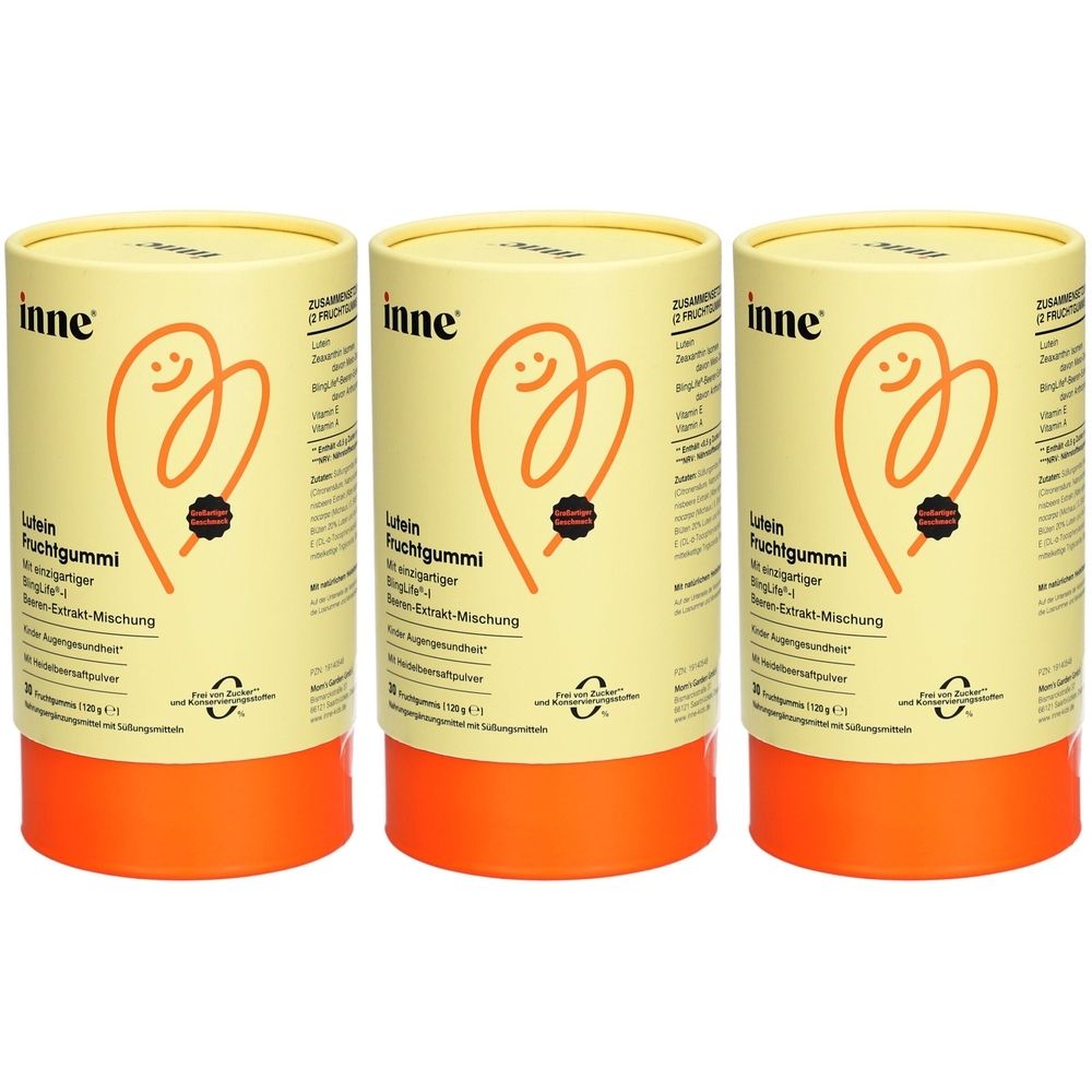 Drei zylindrische Behälter mit gelbem Deckel und orangefarbenem Boden. Aufschrift: inne Lutein Fruchtgummi. Logo: orangefarbenes Herz.
