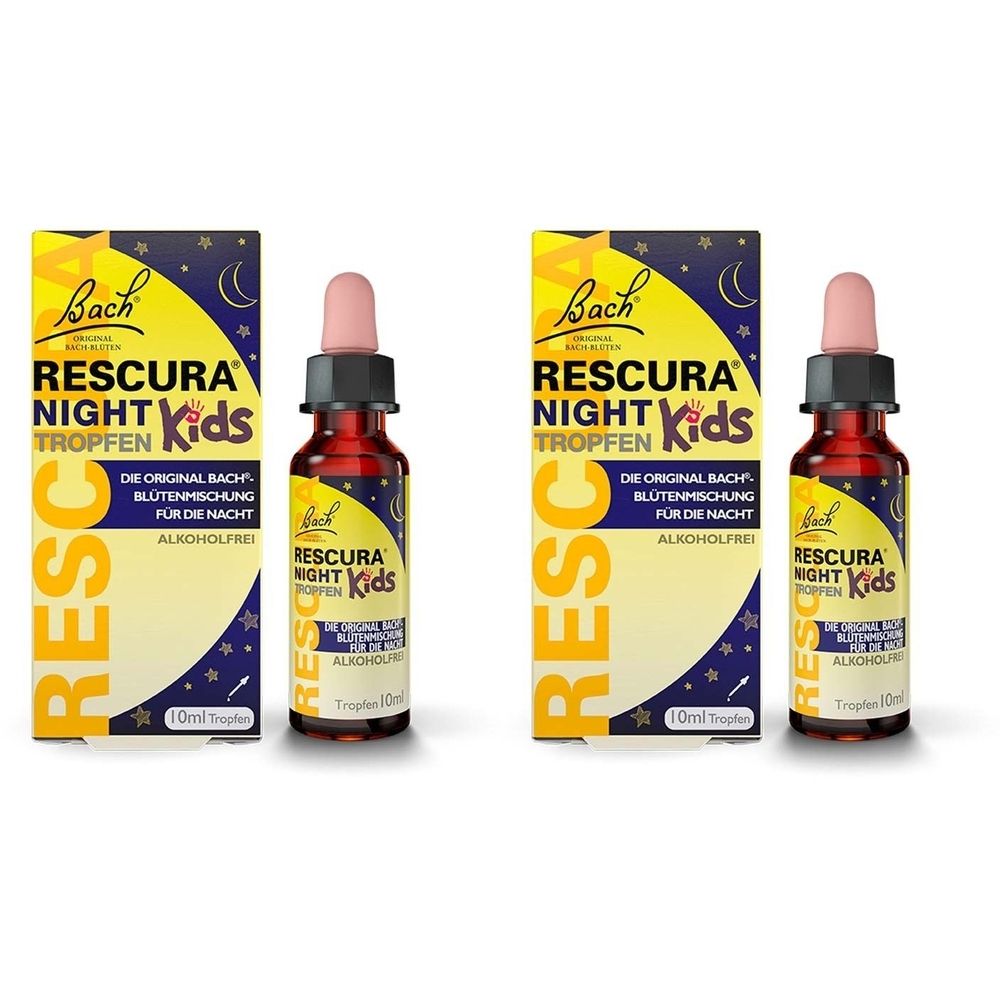 Zwei Flaschen und Schachteln Bach® RESCURA® NIGHT Kids. Tropfenflaschen mit rosa Pipette. Gelbe Schachteln mit Produktnamen und Mond-Stern-Motiv.