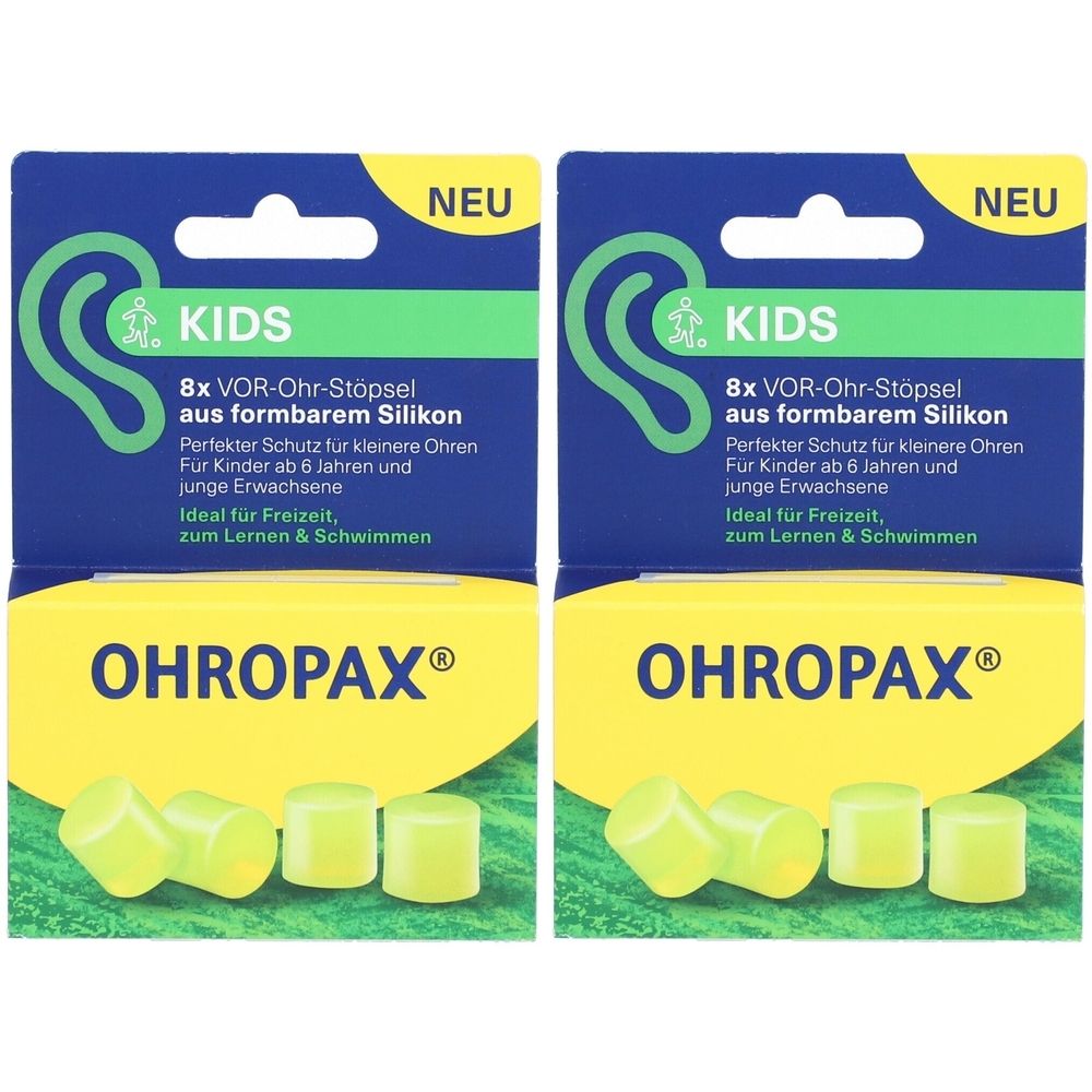 Zwei Packungen OHROPAX® Kids. Blaue Verpackung mit gelben Ohrstöpseln. Text: 8x VOR-Ohr-Stöpsel aus formbarem Silikon. Für Kinder ab 6 Jahren.