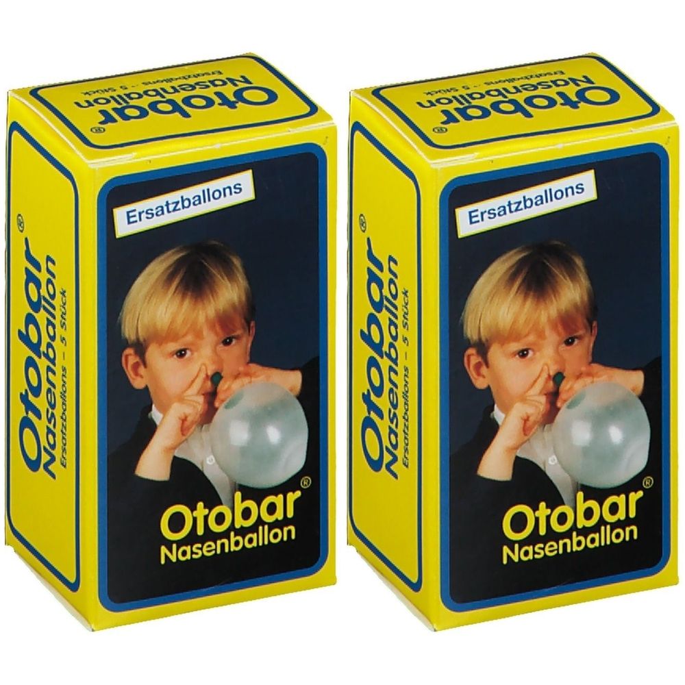 Zwei gelbe Kartons mit dem Produktnamen Otobar Nasenballon. Auf den Kartons ist ein Kind abgebildet, das einen Ballon in die Nase bläst.