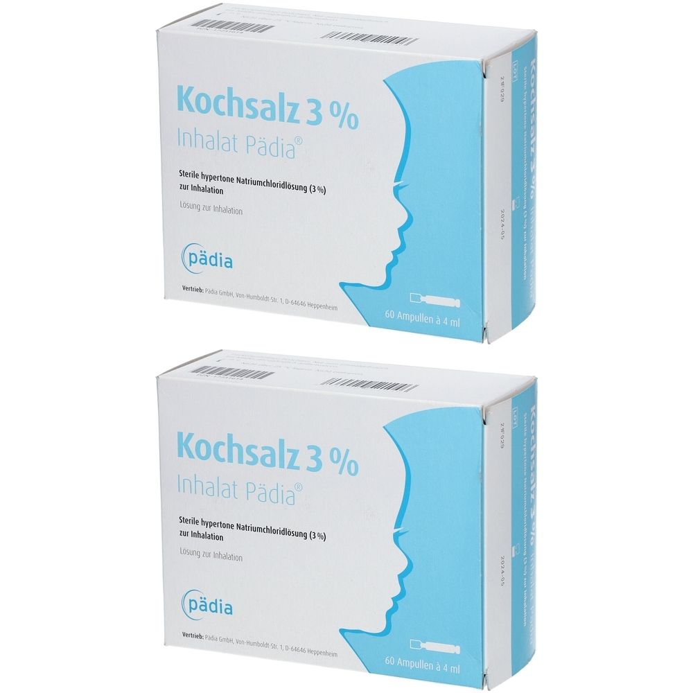 Zwei Kartons Kochsalz 3% Inhalat Pädia. Weiße Verpackung mit blauem Profil und Produktinformationen. 30 Ampullen.