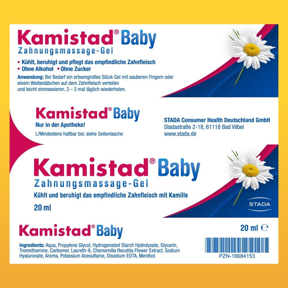 Etikett Kamistad Baby Zahnungsmassage-Gel mit Anwendungshinweisen und Inhaltsstoffen.
