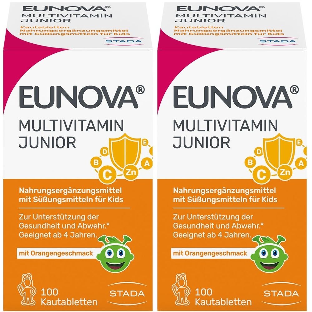 Zwei Packungen Eunova® Junior Kautabletten. Aufdruck: Multivitamin Junior, 100 Kautabletten, mit Orangengeschmack.