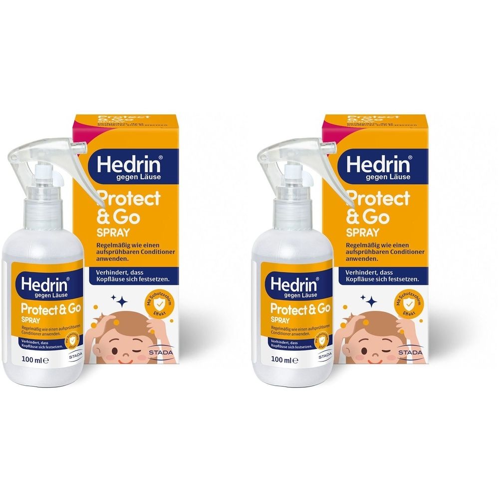 Zwei Flaschen HEDRIN Protect & Go Spray mit Verpackung. Gelbe Verpackung mit Produktnamen und Abbildung eines Kindes.