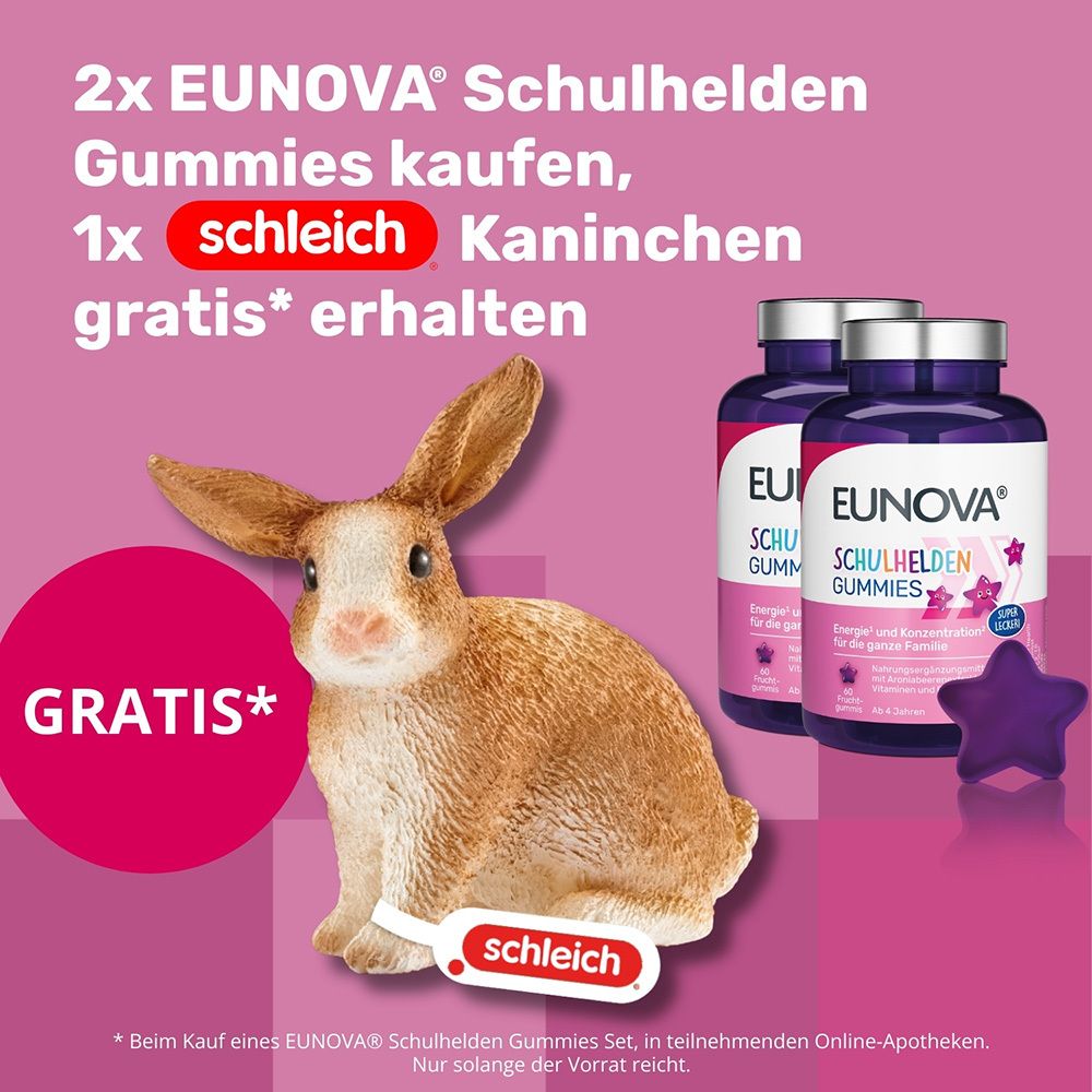 Werbebild: EUNOVA Schulhelden Gummies mit Kaninchen. Text: 2x kaufen, 1x gratis. Kaninchen-Spielzeug.