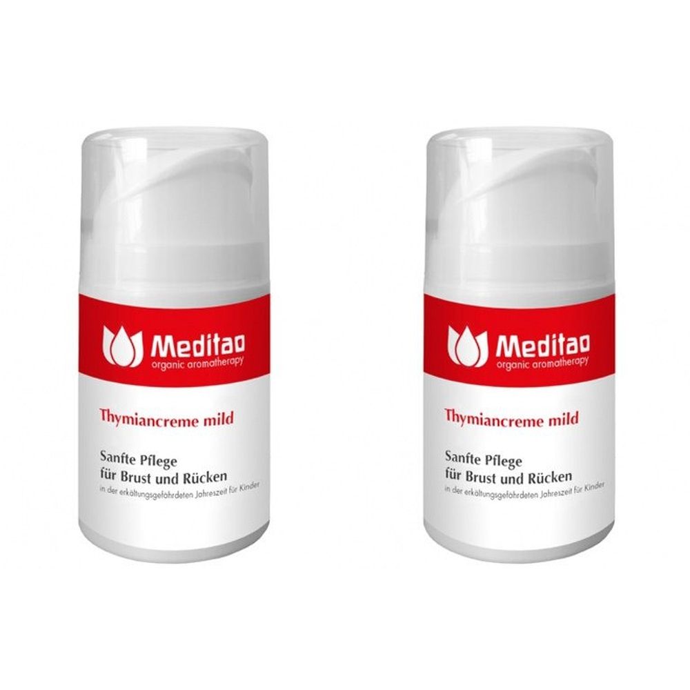 Zwei weiße Cremetuben mit roter Banderole. Aufschrift: Meditao, Thymiancreme mild, Sanfte Pflege für Brust und Rücken.
