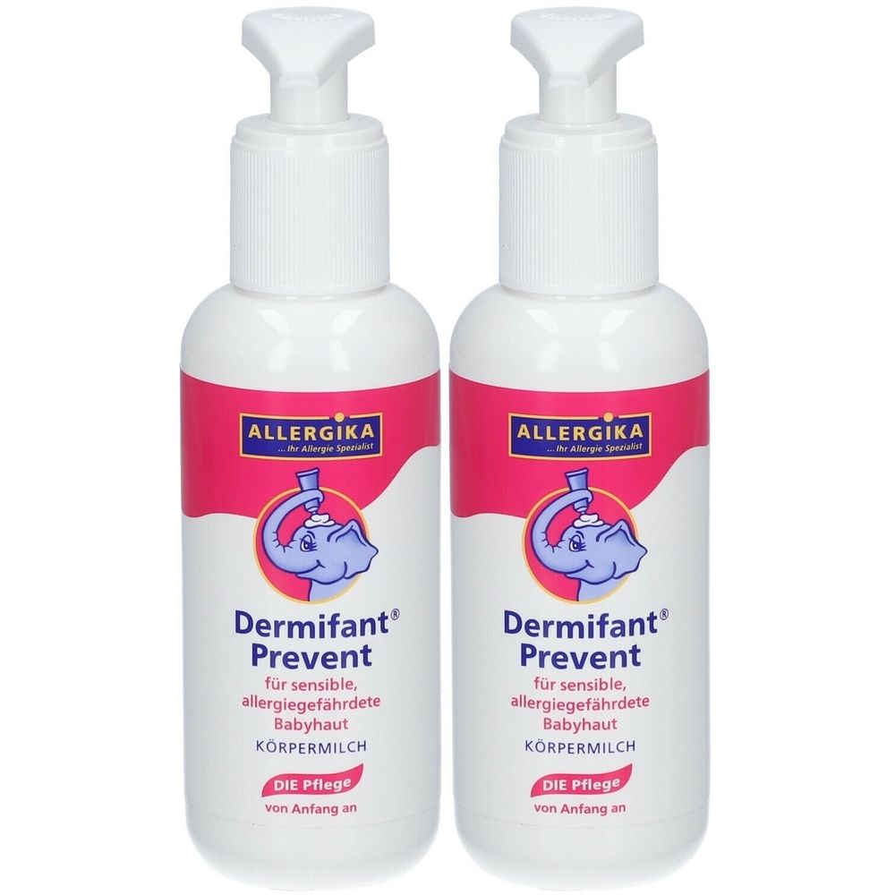 Zwei weiße Flaschen mit rosa Etikett. Aufschrift: Dermifant Prevent, für sensible Babyhaut. Mit Pumpverschluss.