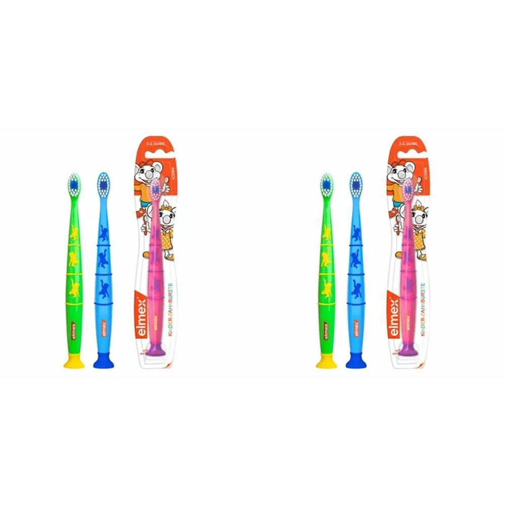 Zahnbürsten für Kinder. Grün, blau und pink. Verpackung mit Cartoon-Motiv. Marke: elmex.