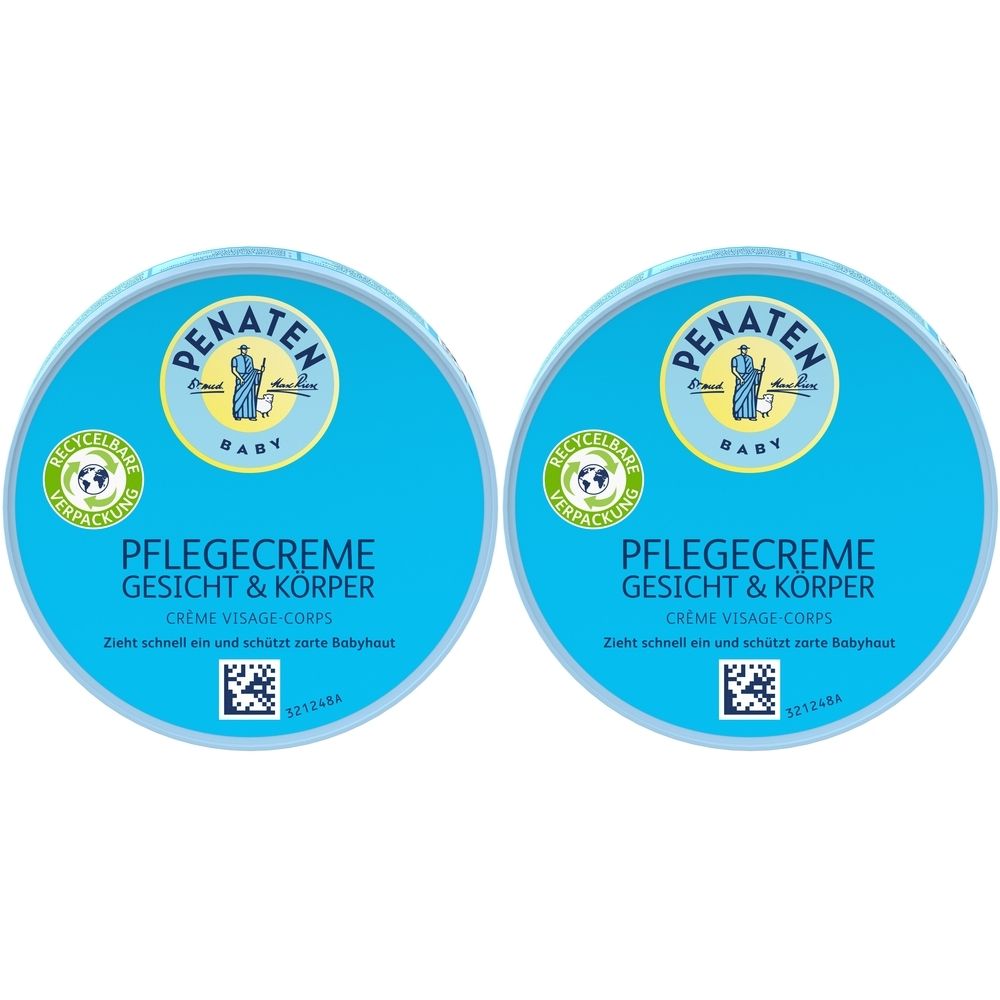 Zwei blaue Tiegel PENATEN BABY PFLEGECREME Gesicht & Körper. Deckel mit Logo und Text. Recycling-Symbol.