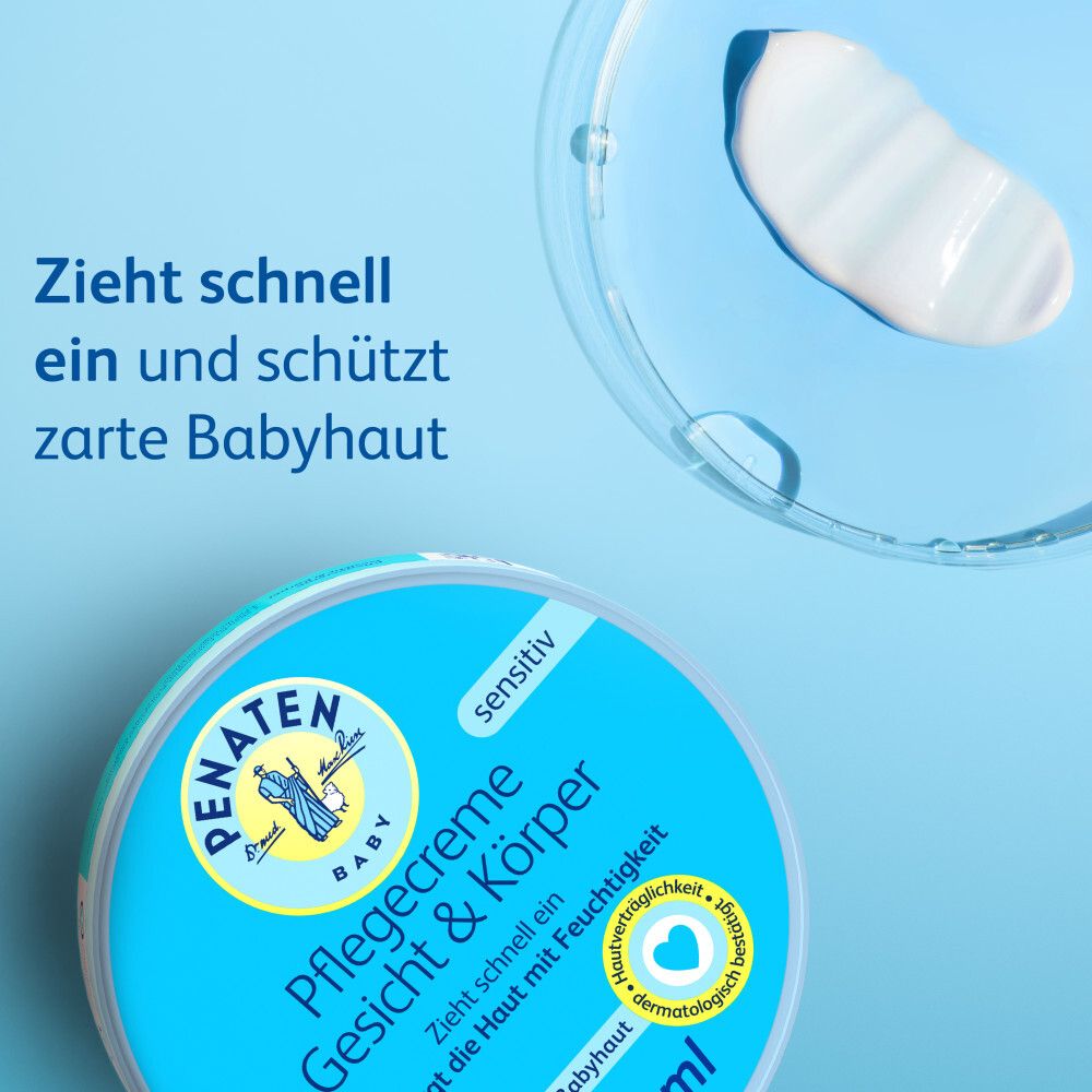 Blauer Tiegel mit Creme und Text: PFLEGECREME Gesicht & Körper. Sensitiv. Dermatologisch getestet.