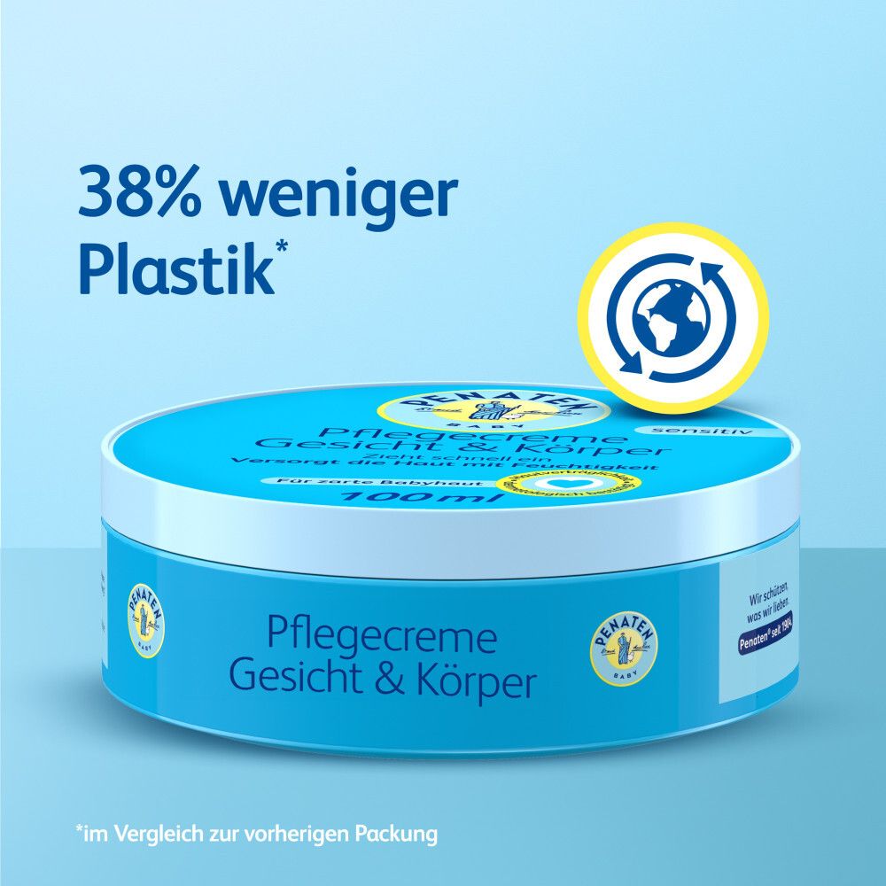 Blauer Tiegel mit Text: PFLEGECREME Gesicht & Körper. 38% weniger Plastik. Recycling-Symbol.