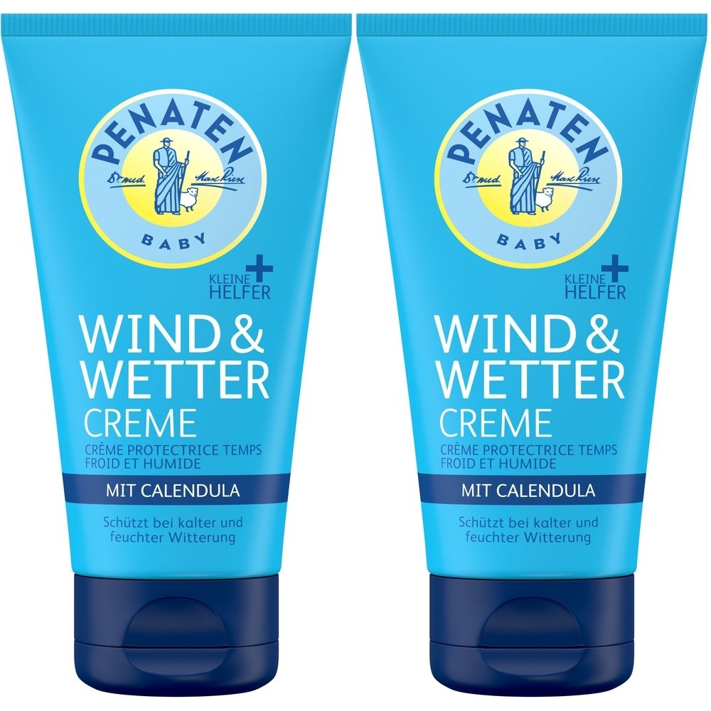 Zwei blaue Tuben PENATEN Wind & Wetter Creme. Aufschrift: Wind & Wetter Creme, mit Calendula. Schützt bei kalter und feuchter Witterung.