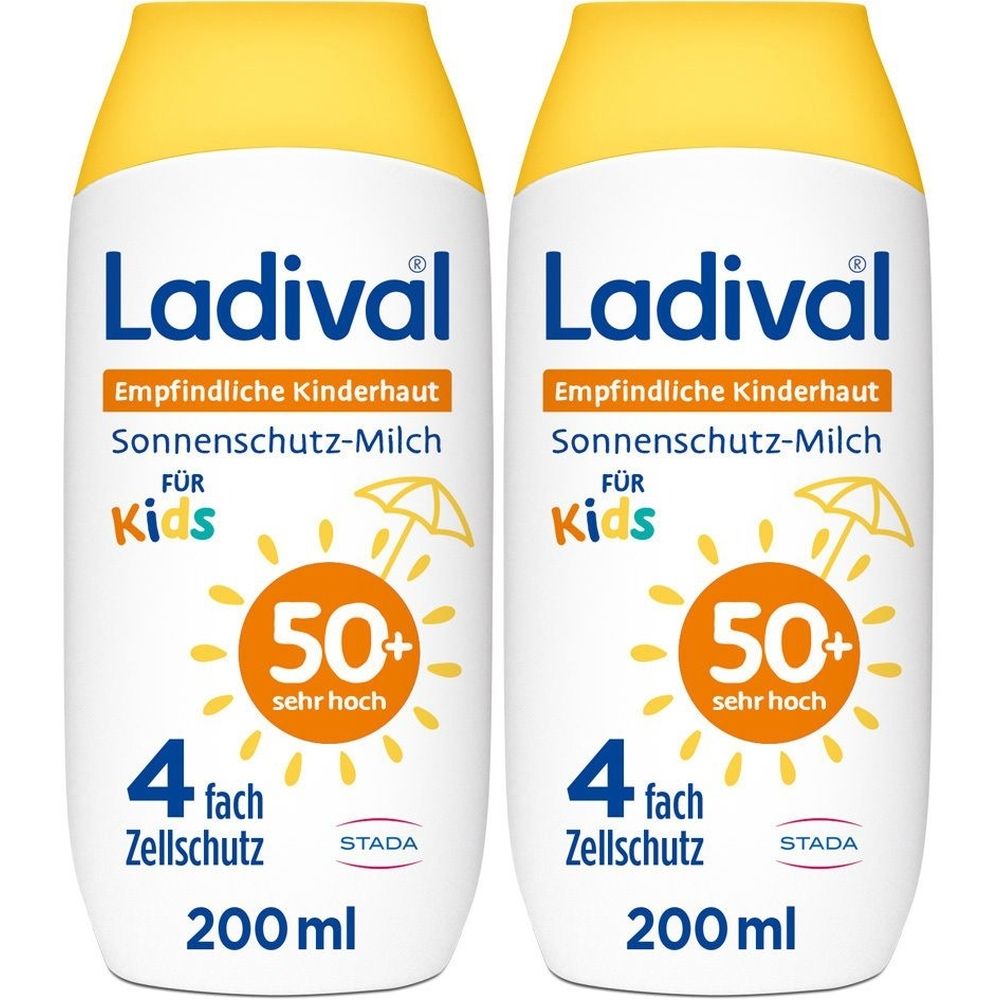 Zwei Flaschen Sonnenschutz-Milch für Kinderhaut. Gelber Deckel, weißer Behälter, gelbe Schrift.