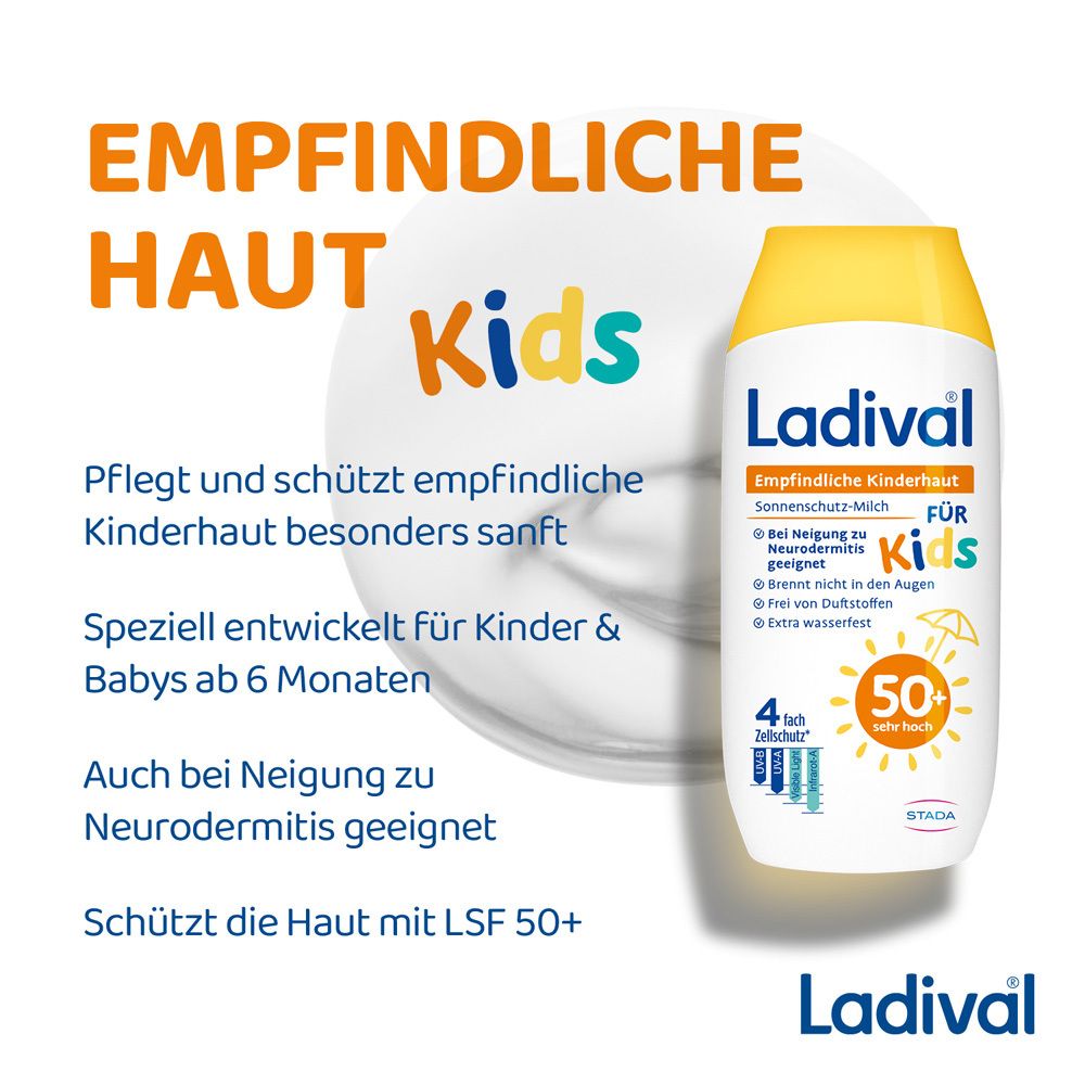 Produktinformationen: Sonnenschutz-Milch für empfindliche Kinderhaut. Gelber Hintergrund.