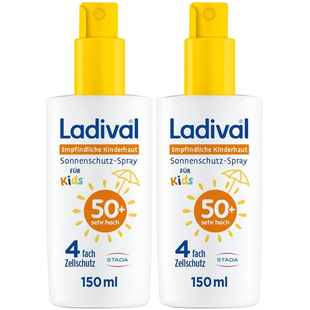 Zwei Ladival Sonnenschutz-Spray für Kinderhaut, gelber Sprühkopf, 50+ LSF, 150 ml Flaschen.
