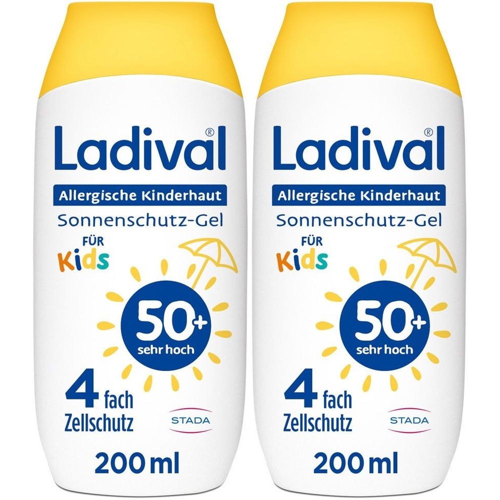 Zwei Flaschen Ladival® Allergische Kinderhaut Sonnenschutz-Gel LSF 50+. Gelbe Kappe, weiße Flasche, blaue Schrift.