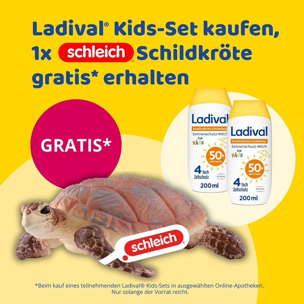 Werbebild: Ladival® Kids-Set mit Schildkröte von Schleich gratis. Zwei Sonnencremes, gelber Hintergrund.