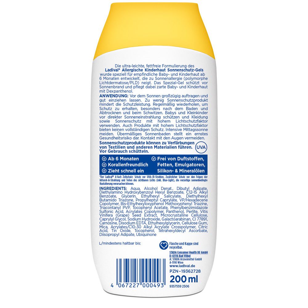 Rückseite der Ladival® Allergische Kinderhaut Sonnenschutz-Gel Flasche. Text über Inhaltsstoffe und Anwendung.