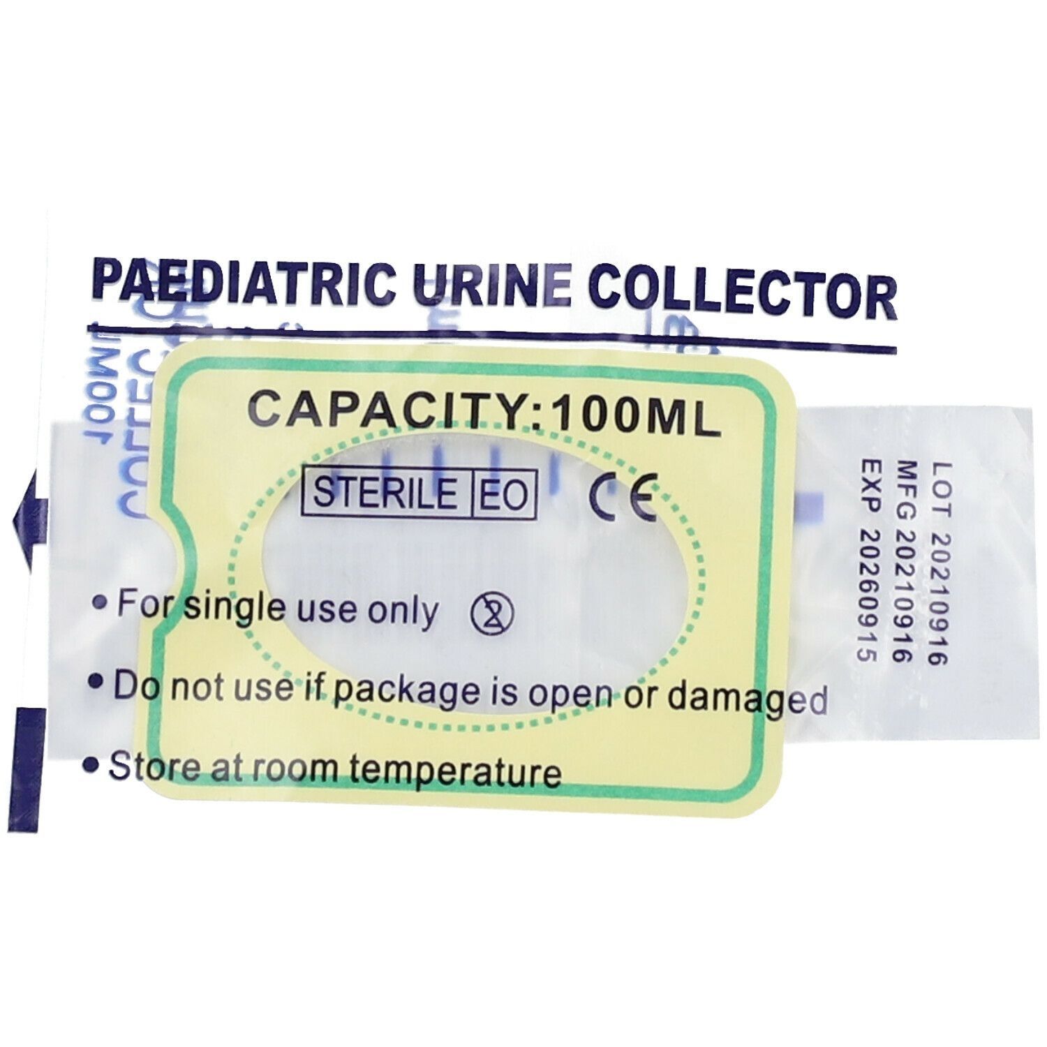 Urinbeutel für Kinder. Aufschrift: PAEDIATRIC URINE COLLECTOR, CAPACITY: 100ML, STERILE EO, CE-Zeichen. Hinweise: Nur für den einmaligen Gebrauch.