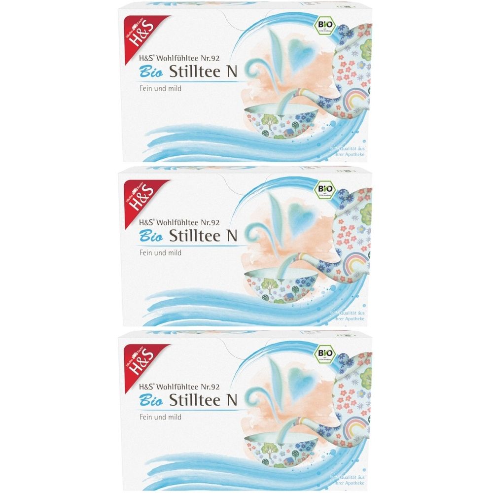 Drei Packungen H&S Bio Stilltee N. Jede Packung zeigt das Logo, den Produktnamen und das Bio-Siegel. Das Design zeigt eine Teekanne und Wellen.