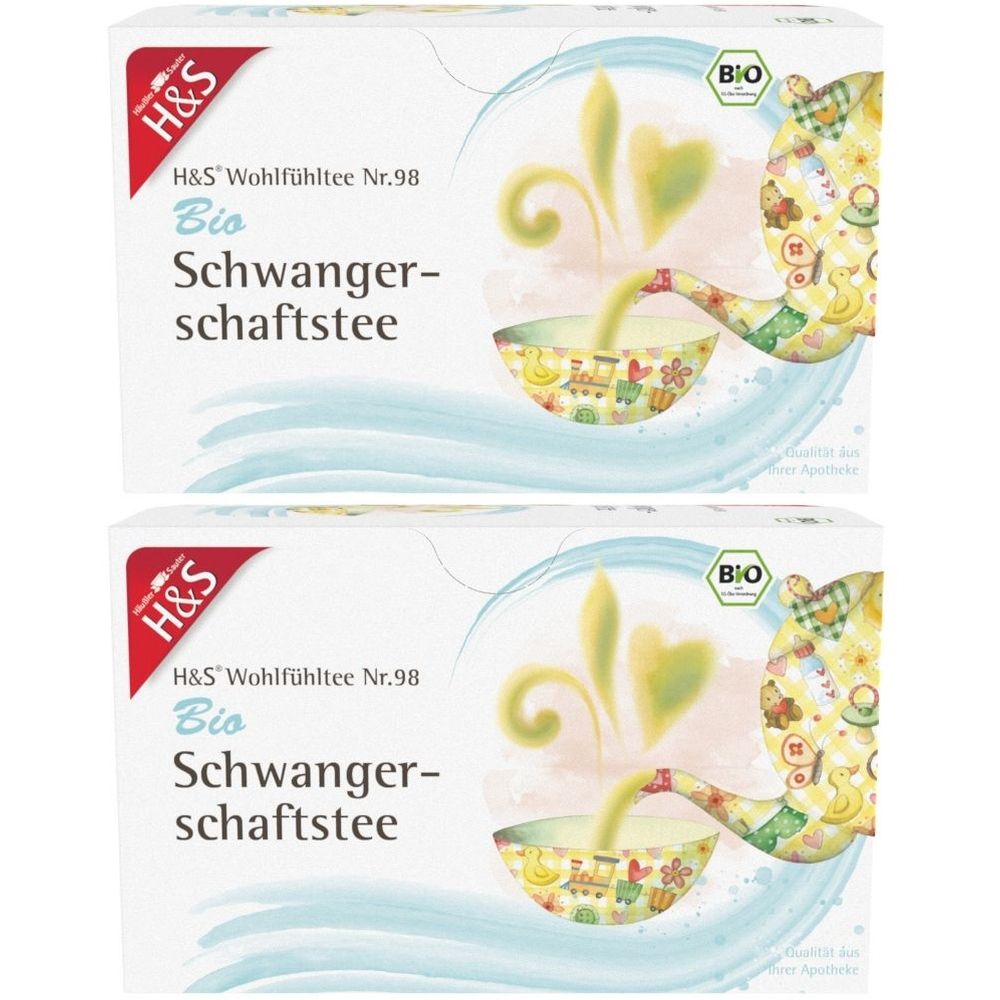 Zwei Packungen H&S Bio Schwangerschaftstee. Weiße Kartons mit Produktnamen und Bio-Siegel. Abbildung einer Teekanne und Tasse.