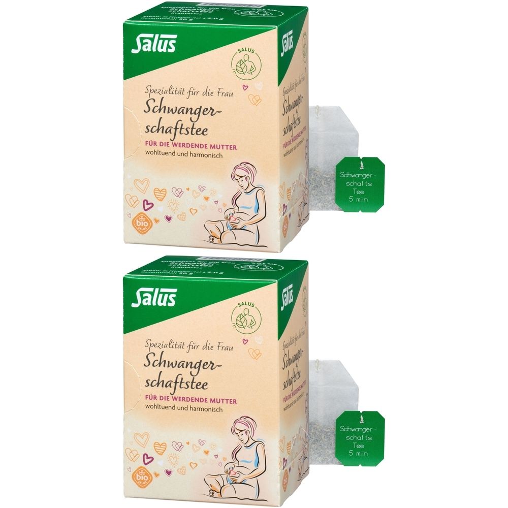 Zwei Kartons mit grün-weißem Design. Aufschrift: Salus Schwangerschaftstee. Daneben zwei Teebeutel mit grünen Etiketten.
