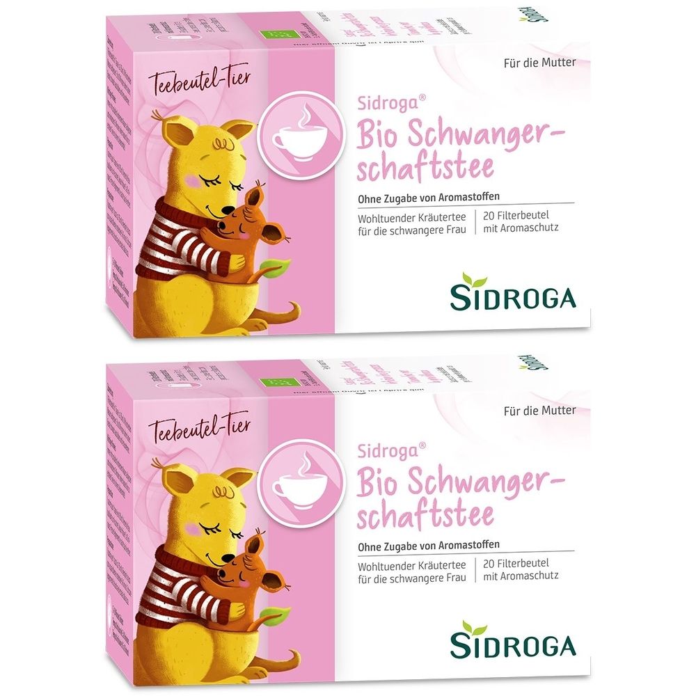 Zwei rosa Schachteln mit Aufdrucken. Auf jeder Schachtel ist ein Känguru-Paar abgebildet. Text: Sidroga Bio Schwangerschaftstee.