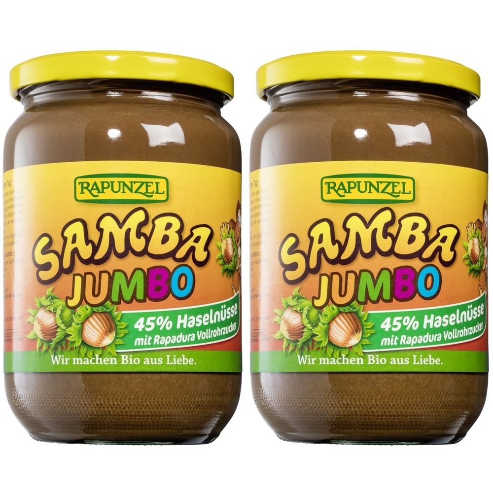 Zwei Gläser mit braunem Aufstrich. Auf den Etiketten steht "RAPUNZEL SAMBA JUMBO" und "45% Haselnüsse". Gelbe Deckel.
