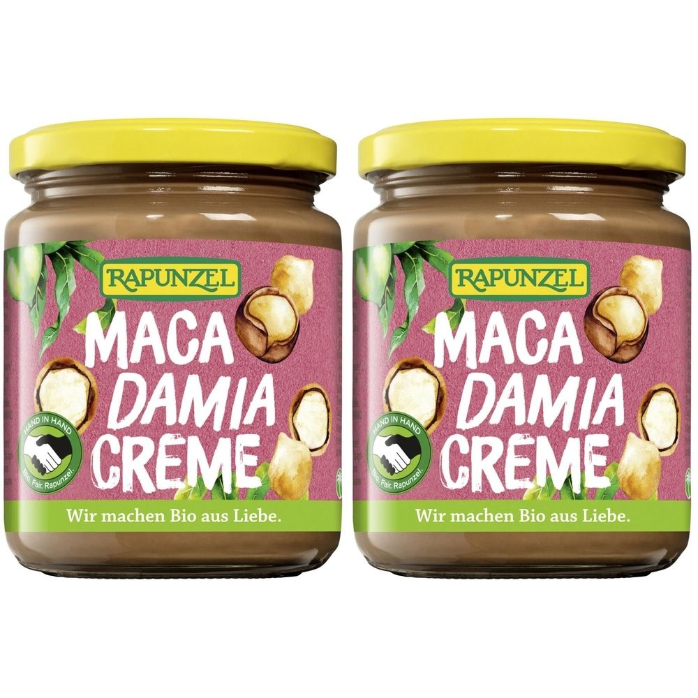 Zwei Gläser mit gelbem Deckel. Auf dem Etikett steht "RAPUNZEL MACA DAMIA CREME". Darunter "Wir machen Bio aus Liebe".