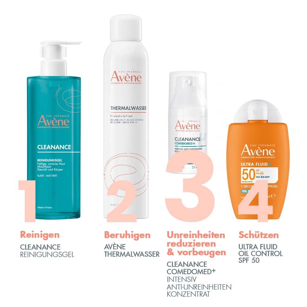 Vier Produkte: Avène Cleanance Reinigungsgel, Thermalwasser, Cleanance Comedomed, Ultra Fluid Oil Control SPF 50. Nummeriert.