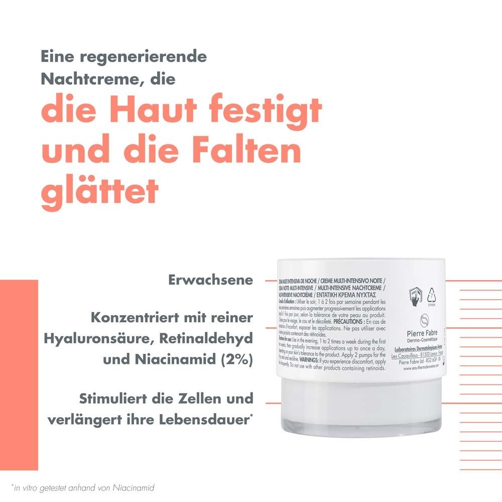Avène Hyaluron Activ B3 Nachtcreme. Text: Konzentriert mit reiner Hyaluronsäure, Retinaldehyd und Niacinamid (2%). Stimuliert die Zellen.