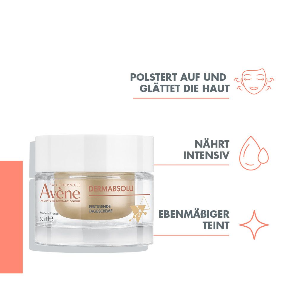 Avène DERMABSOLU Tagescreme im Tiegel. Text: Festigende Tagescreme. Zusätzlicher Text und Icons.