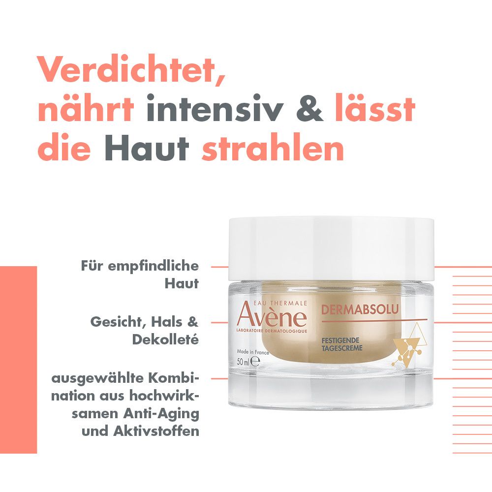 Avène DERMABSOLU Tagescreme im Tiegel. Text: Festigende Tagescreme. Zusätzlicher Text und Icons.