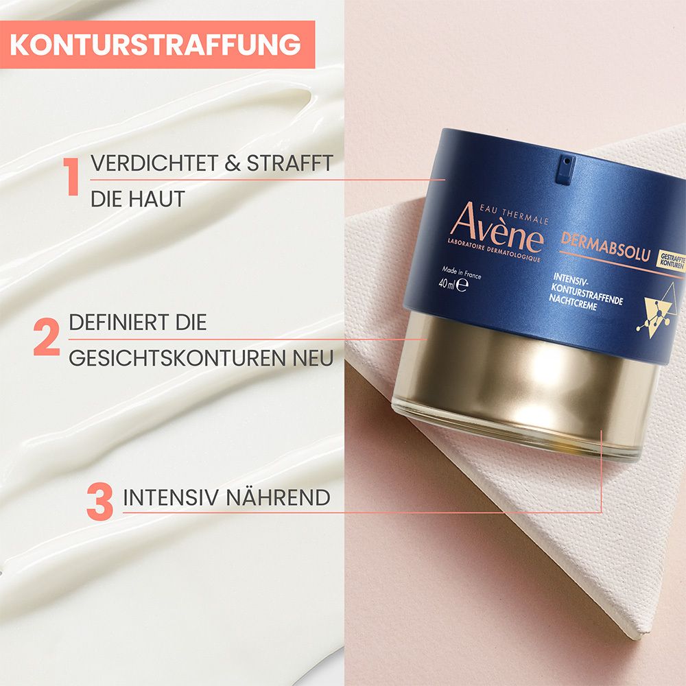 Avène DERMABSOLU Nachtcreme im Tiegel. Text: Intensiv-konturstraffende Nachtcreme. Grafiken.