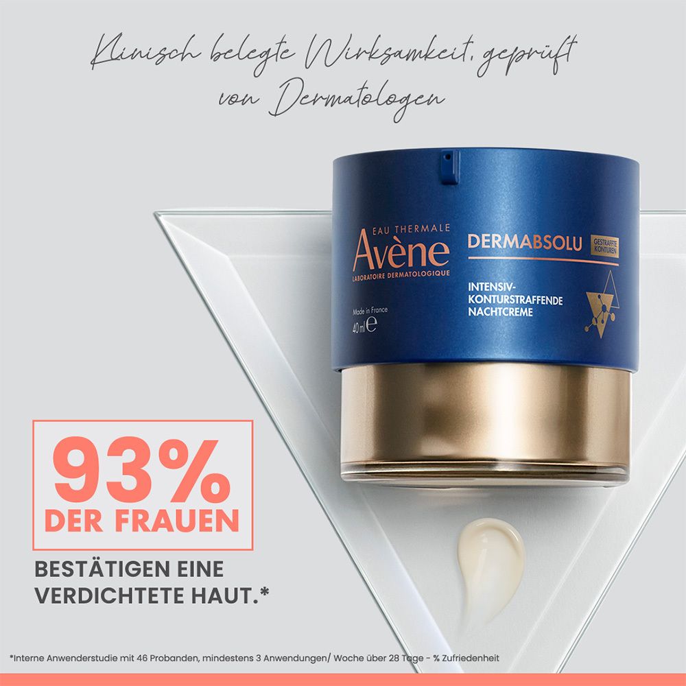 Avène DERMABSOLU Nachtcreme im Tiegel. Text: Intensiv-konturstraffende Nachtcreme. Grafik und Text.