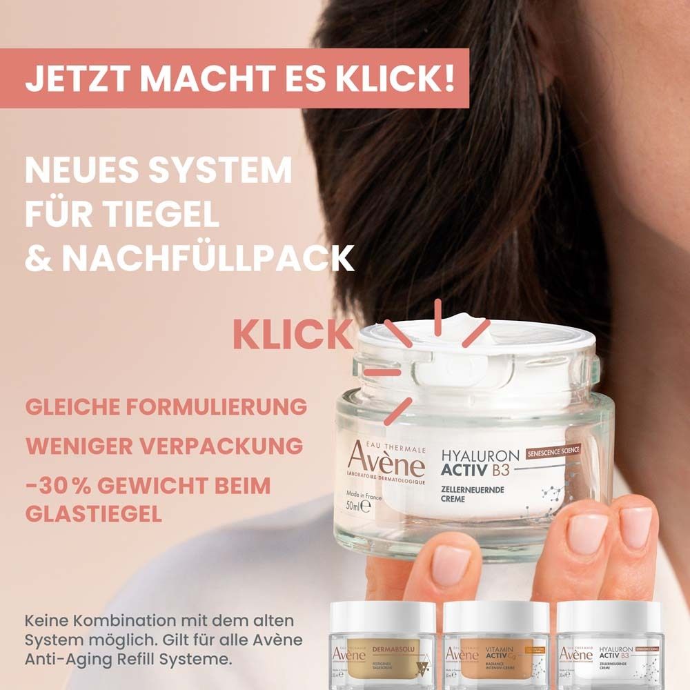 Glas-Tiegel mit Creme. Text: Neues System für Tiegel & Nachfüllpack. Gleiche Formulierung, weniger Verpackung, -30% Gewicht.