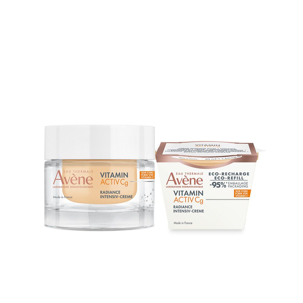 Creme-Tiegel mit Deckel und Nachfüllpackung. Aufschrift: Eau Thermale Avène, Vitamin Activ Cg, Radiance Intensiv-Creme.
