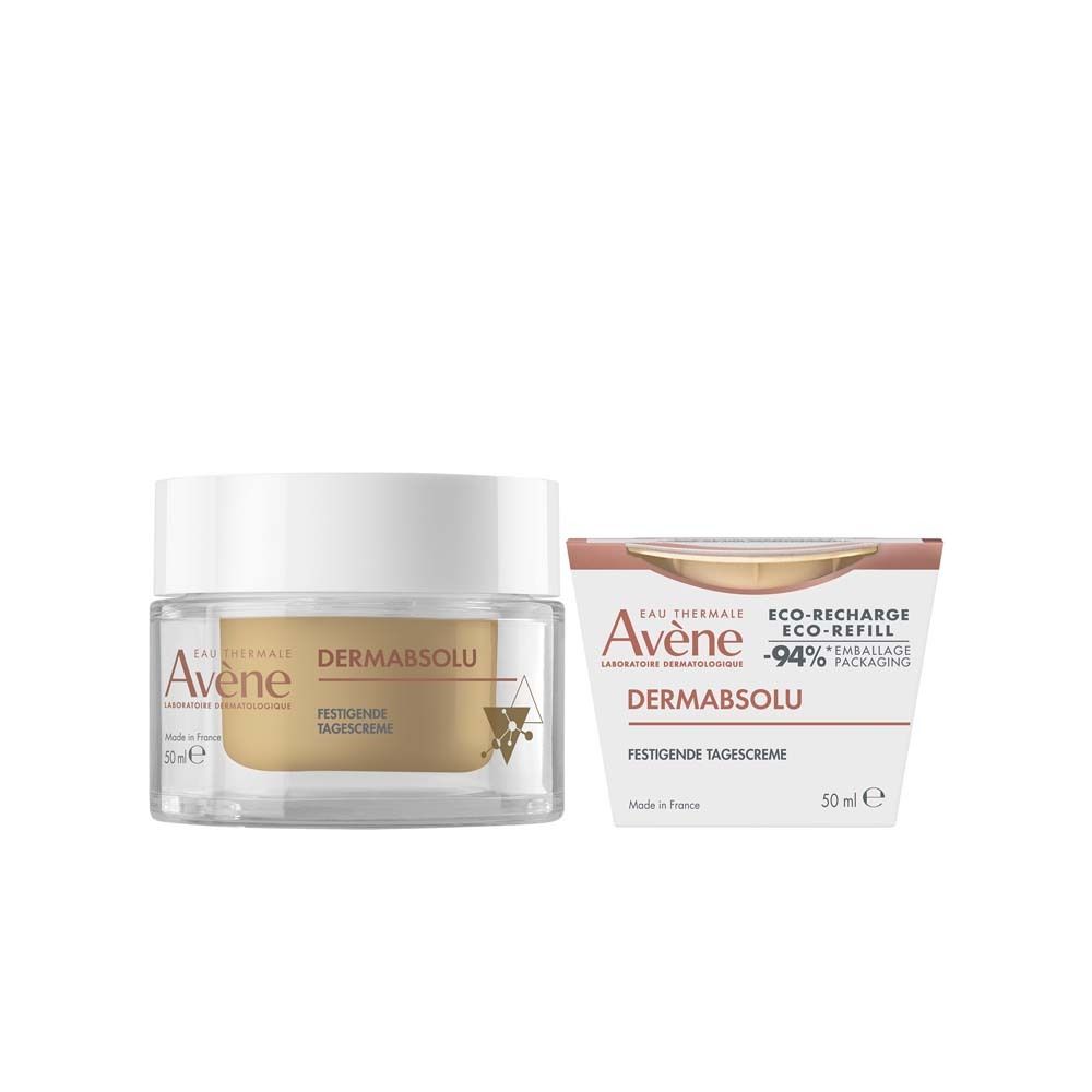 Avène DERMABSOLU Tagescreme und Nachfüllpack. Creme-Tiegel und Nachfüllpackung. Anti-Aging-Pflege mit Bakuchiol.