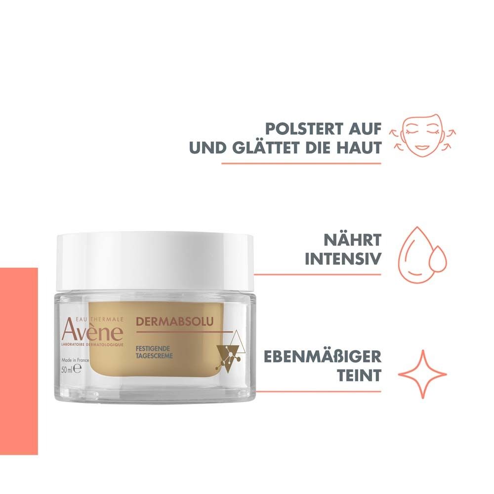 Avène DERMABSOLU Tagescreme. Creme-Tiegel. Text und Icons: Polstert auf, glättet, nährt intensiv, ebenmäßiger Teint.