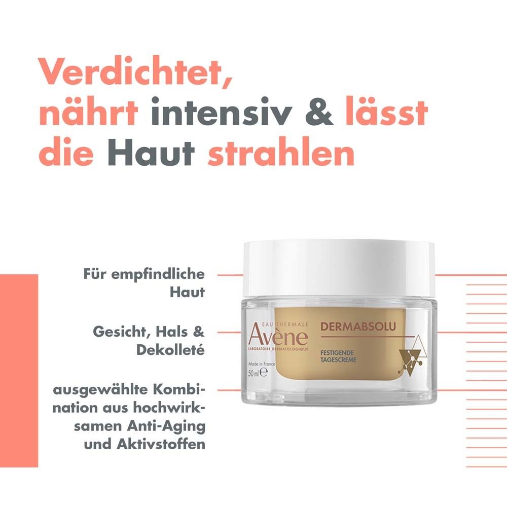 Avène DERMABSOLU Tagescreme. Creme-Tiegel. Text: Verdichtet, nährt intensiv & lässt die Haut strahlen. Für empfindliche Haut.