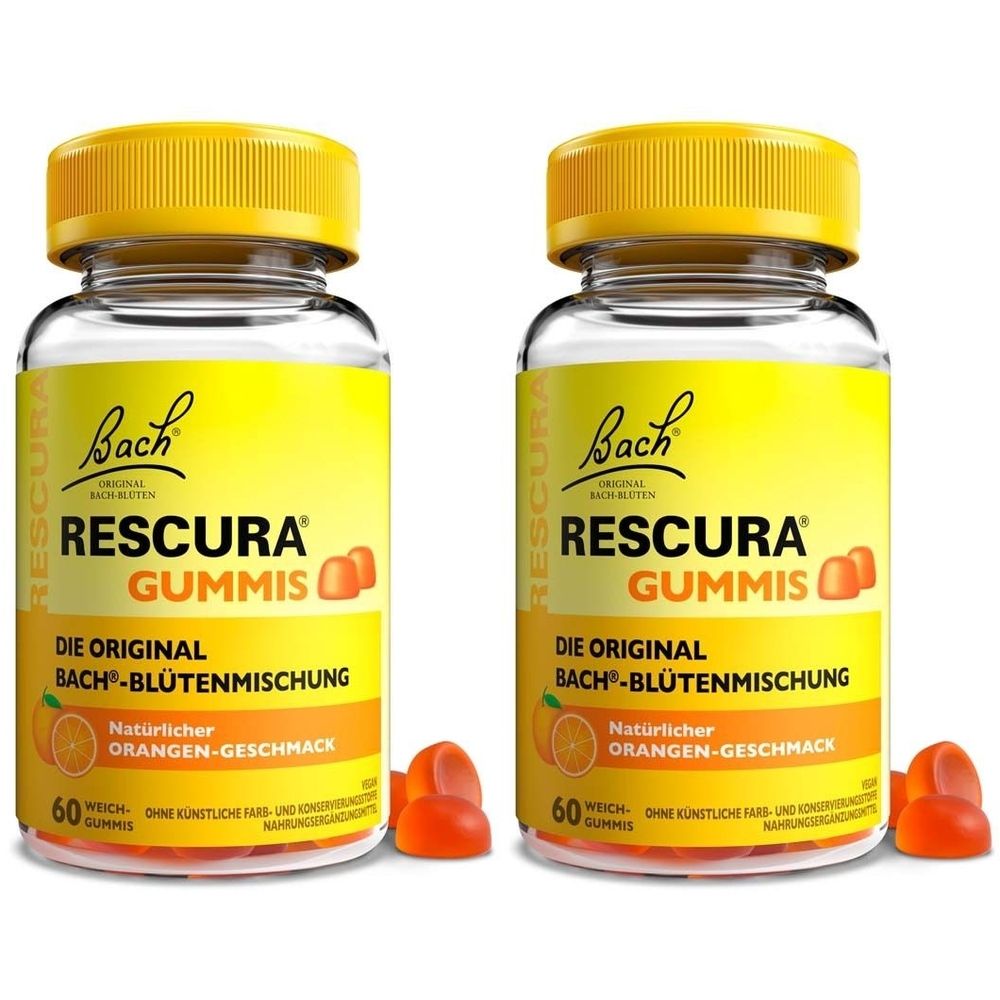 Zwei Glasflaschen mit gelben Deckeln. Auf den Etiketten steht "RESCURA GUMMIS" und "Bach". Orangen-Geschmack. 60 Gummis.