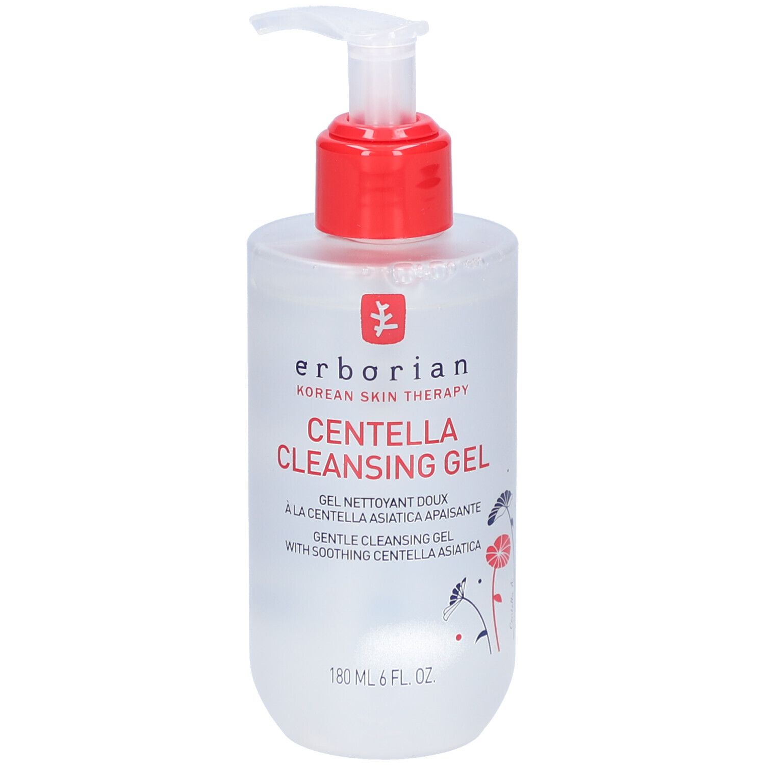 Transparente Flasche mit rotem Pumpkopf. Aufschrift: Centella Cleansing Gel. Marke: Erborian.