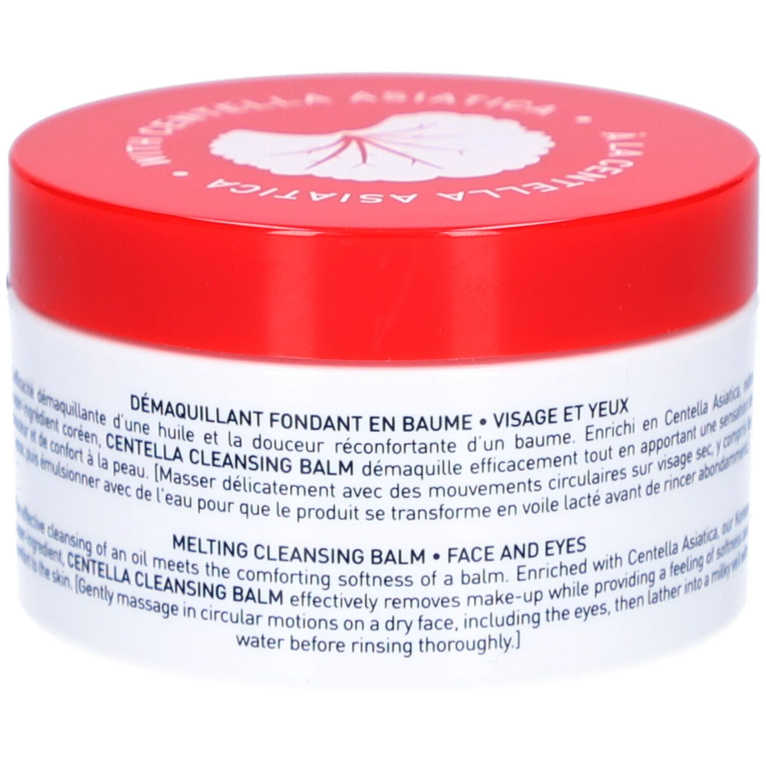 Weißer Tiegel mit rotem Deckel. Aufschrift: Centella Cleansing Balm. Marke: Erborian. Text in Englisch und Französisch.