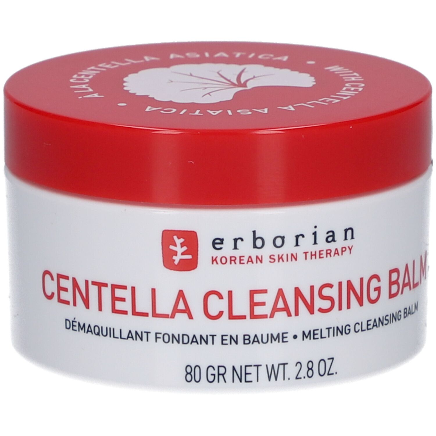 Weißer Tiegel mit rotem Deckel. Aufschrift: Centella Cleansing Balm. Marke: Erborian. Mit Centella Asiatica.