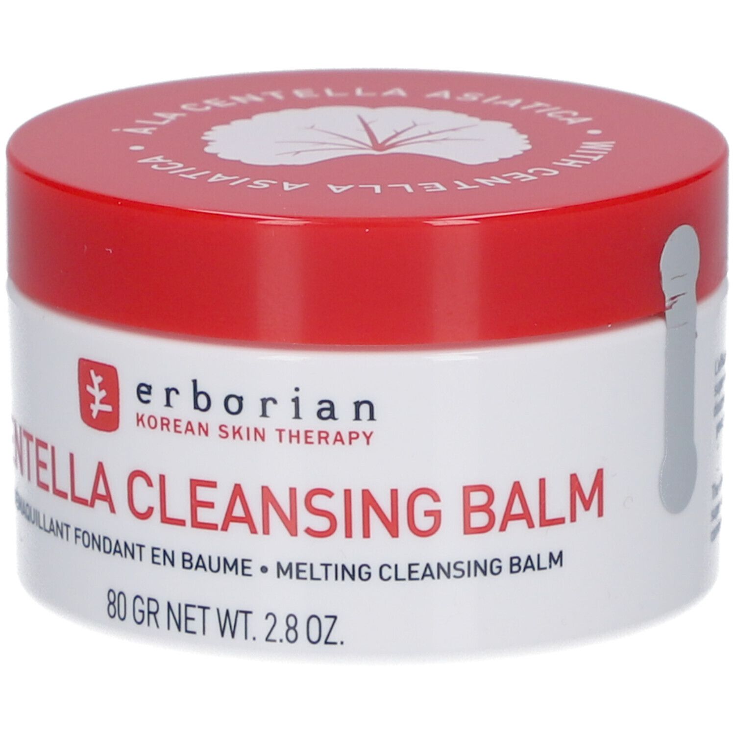Weißer Tiegel mit rotem Deckel. Aufschrift: Centella Cleansing Balm. Marke: Erborian. Mit Aufkleber.