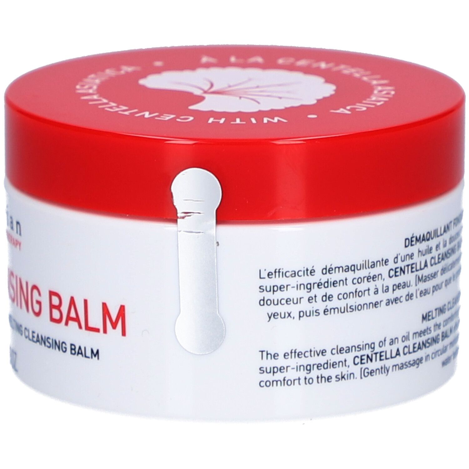 Weißer Tiegel mit rotem Deckel. Aufschrift: Centella Cleansing Balm. Marke: Erborian. Mit Aufkleber.