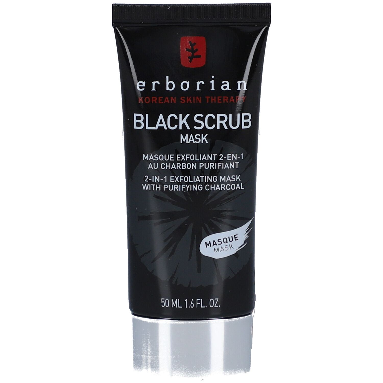 Schwarze Tube mit schwarzem Deckel. Aufschrift: BLACK SCRUB MASK. Marke: Erborian. 50 ml.